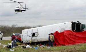 Bus on its side